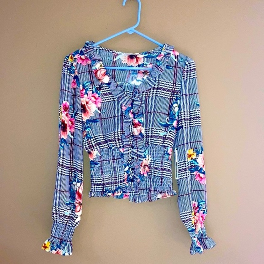 NWT Haute Monde Floral Plaid Blouse